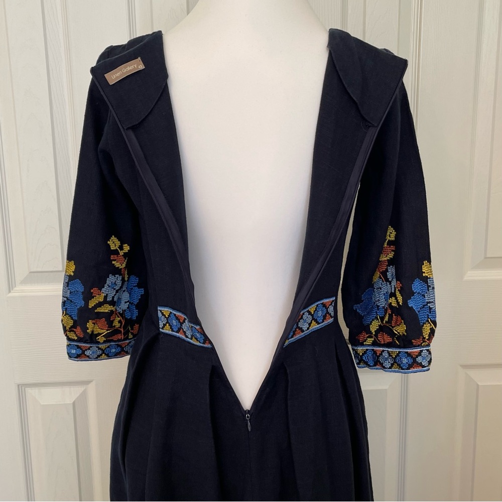 Linen Gallery Navy Blue Embroidered Midi Prairie Dress - Picture 5 of 16